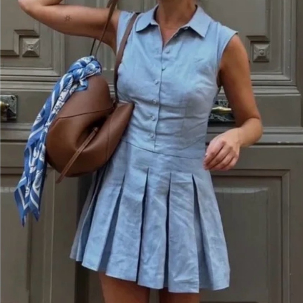 Reformation Arella Light-Blue Linen Pleated Mini Dress